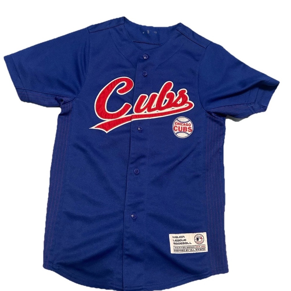 MLB Chicago Cubs Youths Boys Jersey Sz Small Button Up Henley Majestic Blue EUC